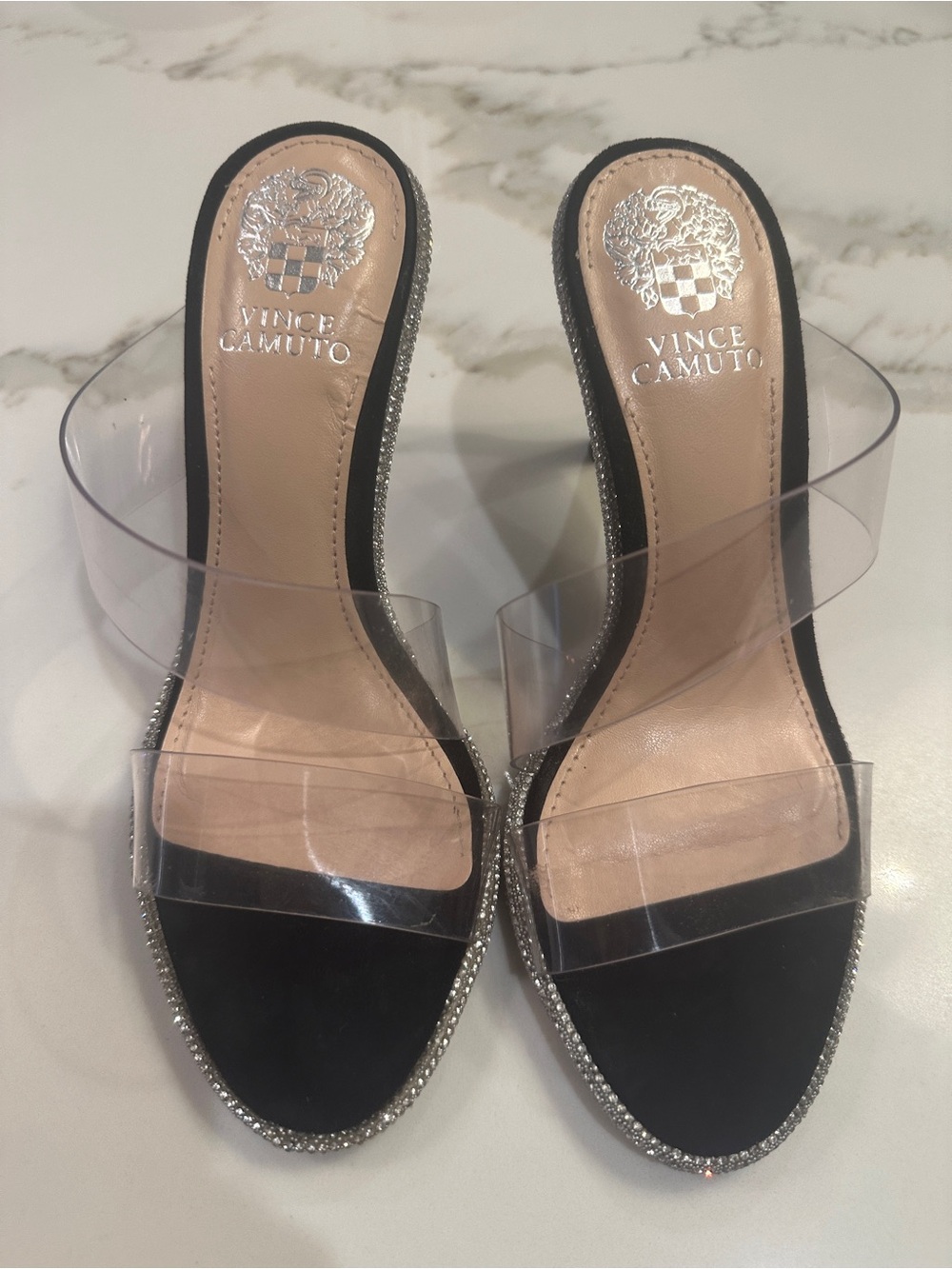 Vince Camuto Black Suede Slide Sandals with Clear Straps and Rhinestone Trim